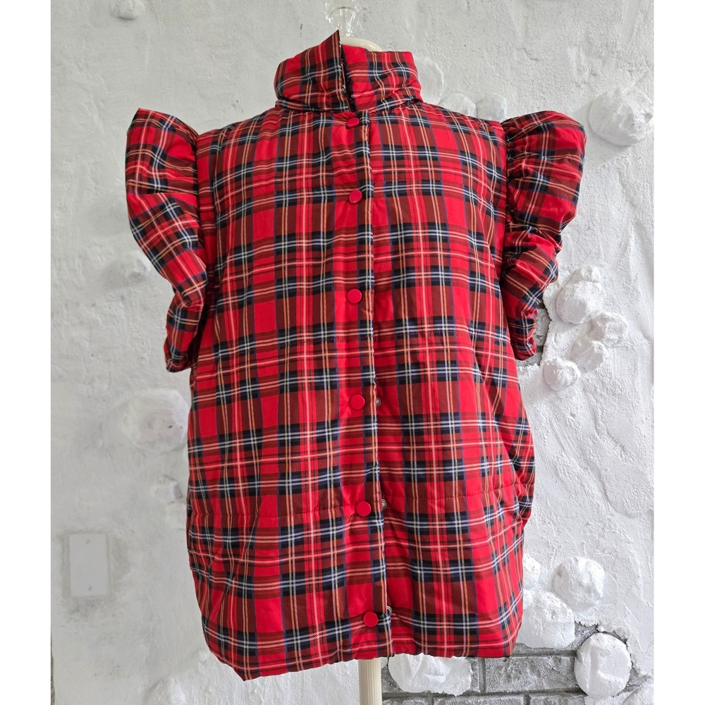 Red Tartan Plaid Ruffle Shoulder Puffer Vest Funnel Neck Snap Front XL Cowgirl